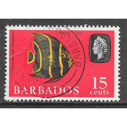 BARBADOS 1965 QE2 15c ANGEL FISH USED CDS rub