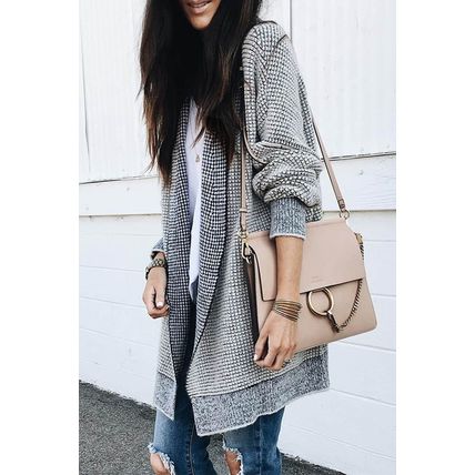 Gray Plaid Knitted Long Open Front Cardigan