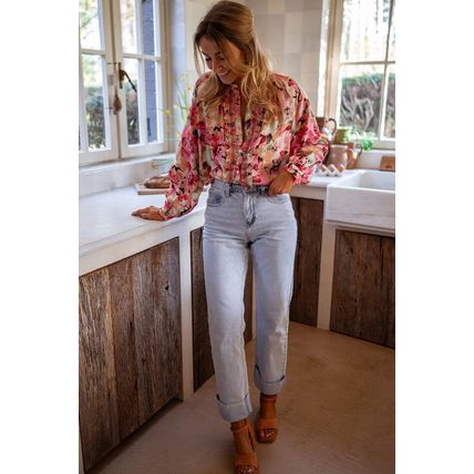Red Floral Print Ruffled Stitch Buttoned Loose Fit Shirt