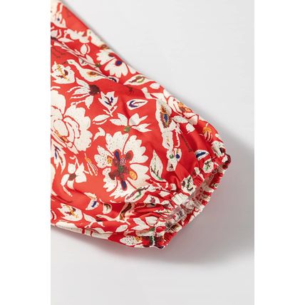 Red Colorful Floral Patchwork Long Sleeve Pleated Mini Dress