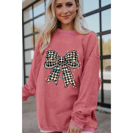 Strawberry Pink Checkered Bow Print Ribbed Crew Neck Pullover Sweatshirt