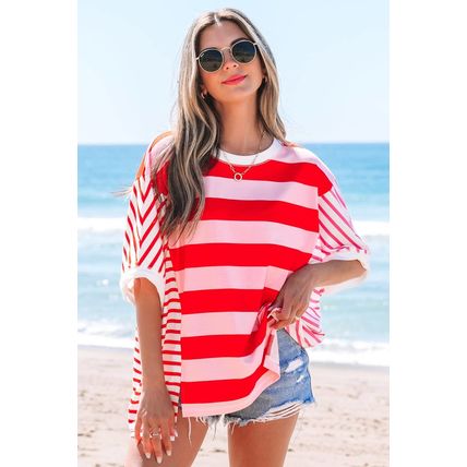 Pink Stripe Patchwork Round Neck Side Split Loose T Shirt