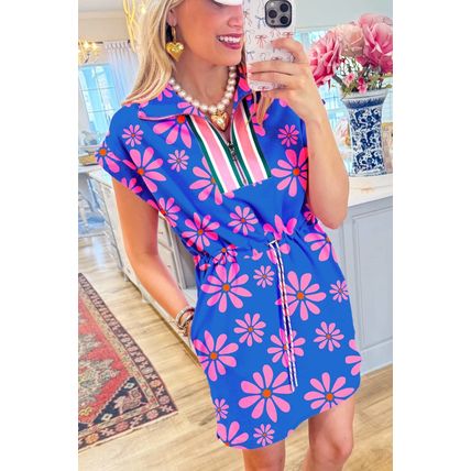 Purple Floral Striped Quarter Zip Cap Sleeve Drawstring Waist Mini Dress