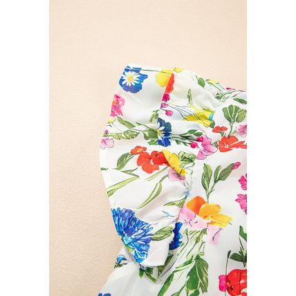 White Floral Print Ruffle Tiered Sleeve Split V Neck Blouse
