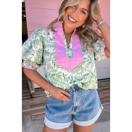 Green Leaves Pattern Color Block V Neck Puff Sleeve Blouse