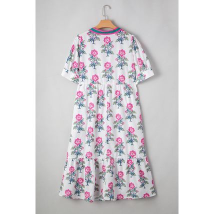 White Allover Print Contrast Split Neckline Short Puff Sleeve Curvy Dress