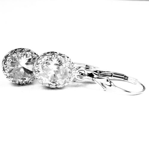 Cubic Zirconia (CZ), 925 Sterling Silver Crown Bezel Leverback Earrings, SE109