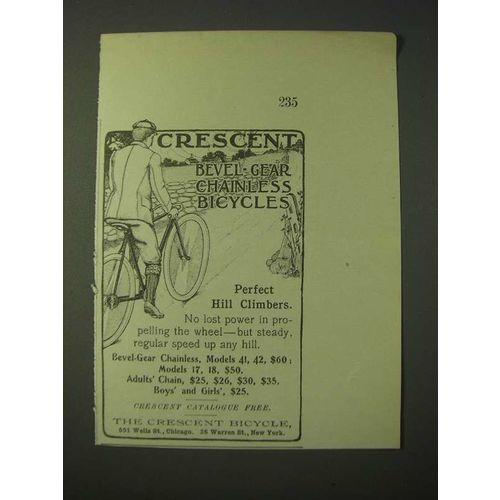 1900 Crescent Bevel-Gear Chainless Bicycles Ad - Perfect Hill Climbers