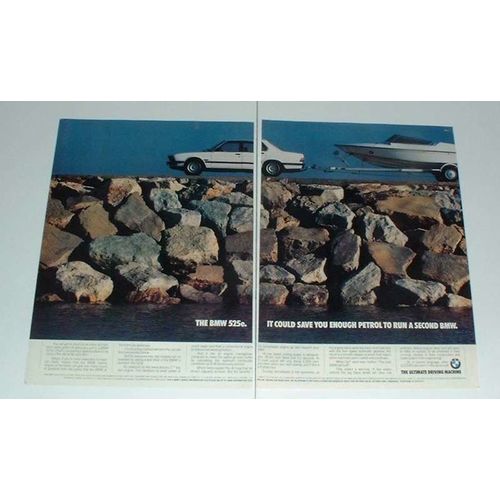 1986 2-page BMW 525e Car Ad - Save Petrol!
