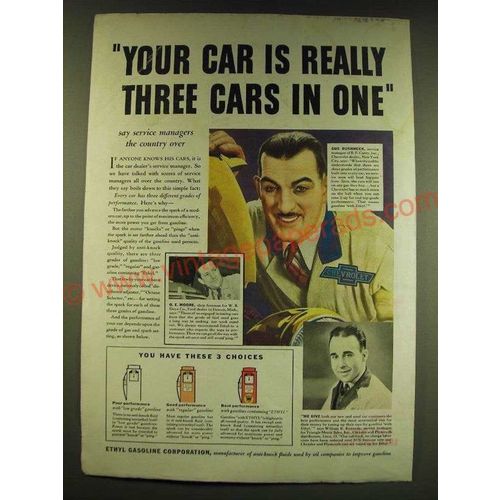 1938 Ethyl Gasoline Ad - Your car is really three cars in one
