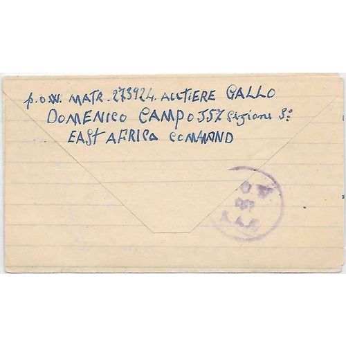 East Africa POW Mail Camp #357, Mitubiri to Italy 1942