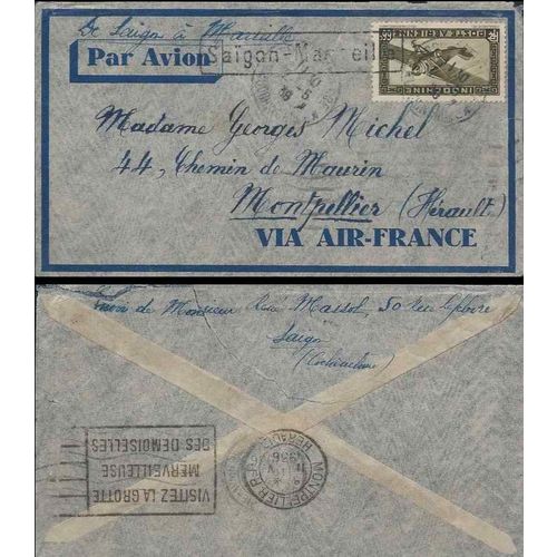French Indo China Viet Nam 1936 Aerogram Saigon - Marseille Air Mail cancel