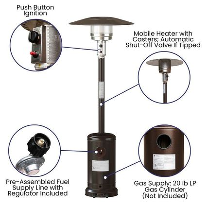 Patio Porch Deck Propane Heater Bronze Stainless w/Wheels Commercial Residential