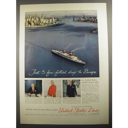 1956 United States Lines Cruise Ad - Just 5 fun-filled days to Europe