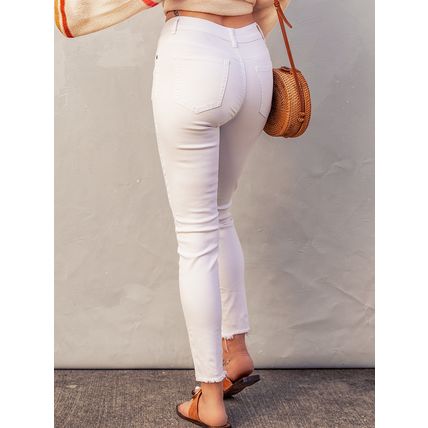 White Plain High Waist Buttons Frayed Cropped Denim Jeans