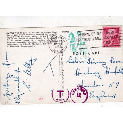 Mayflower II Artist Unknown Postcard posted 1957 creased 2d Tax to pay