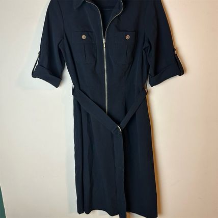 Roz & Ali Black Shirt Dress Knee Length 3/4 Long Sleeve Zip, Pockets Sz 6 Belted