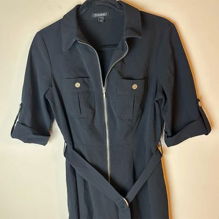 Roz & Ali Black Shirt Dress Knee Length 3/4 Long Sleeve Zip, Pockets Sz 6 Belted