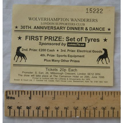 1996 ticket Wolverhampton Wanderers London Supporters Club 30th anniversary