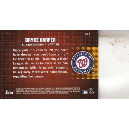 BRYCE HARPER ROOKIE 2013 AUTOGRAPHED WASHINGTN SENATORS ALL-STAR OUTFIELDER CARD