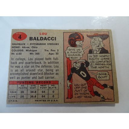 1957 Topps Football Card # 004 Lou Baldacci Very Good (3) Pittsburgh Steelers