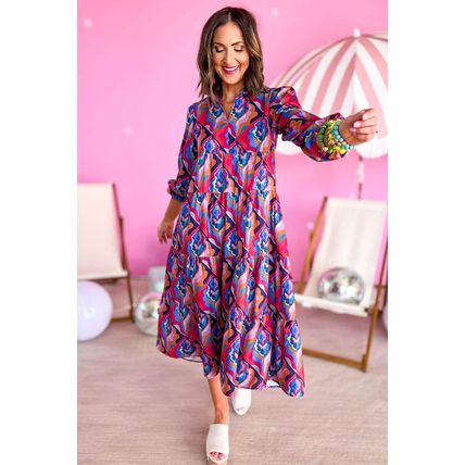 Abstract Geometric Print Long Sleeve High Waist Dress