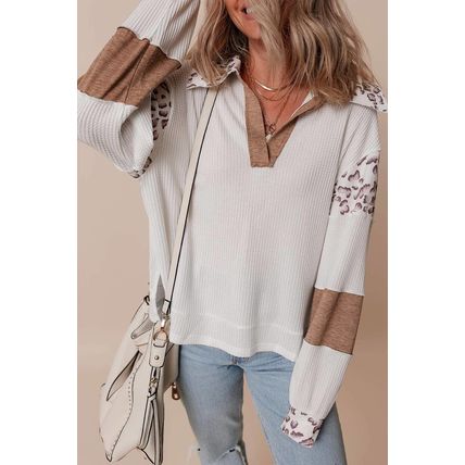 White Leopard Patchwork Turn-down Collar Waffle Top