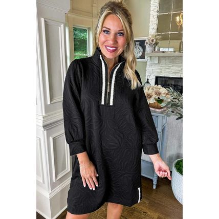 Black Jacquard Textured Quarter Zipper Shift Mini Dress