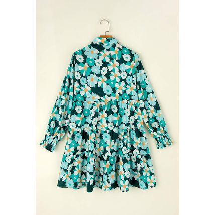 Green Floral Tiered Long Puff Sleeve Shirt Dress