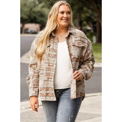 White Aztec Geometric Print Pockets Plus Size Jacket