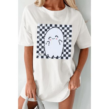 White Checkered Ghost Print Crew Neck Oversized T Shirt