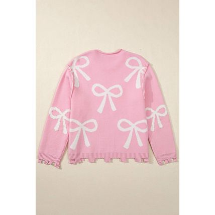 Pink Pearl Beaded Bowknot Pattern Distressed Split Hem Sweater