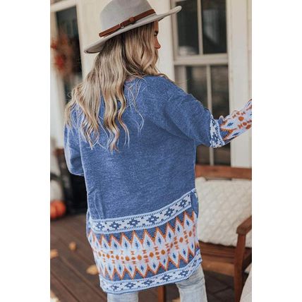 Blue Aztec Print Open Front Knitted Cardigan