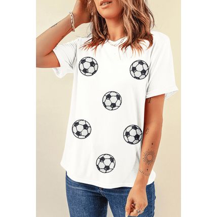 White Sequin Football Patched Graphic Game Day T Shirt