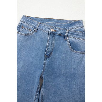 Blue Mid Rise Asymmetrical Waist Wide Leg Jeans