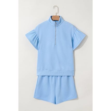 Beau Blue Ribbed Texture Half Zip Ruffled Short Sleeve Top and Shorts Set