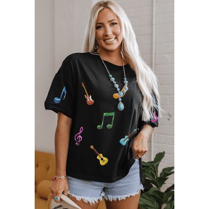 Black Guitar Music Notes Patched Graphic Oversize Tee