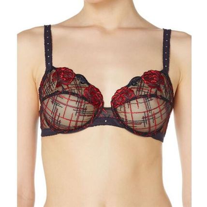 MAISON LEJABY PARIS Check And Roses Underwire Bra Black/Red BNWT