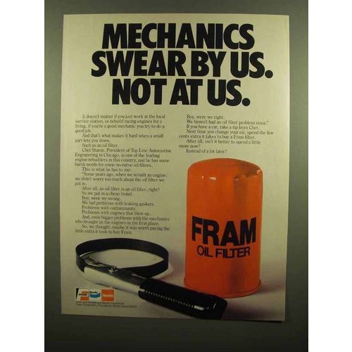 1983 Fram Oil Filter Ad - Mechanics Swear By Us