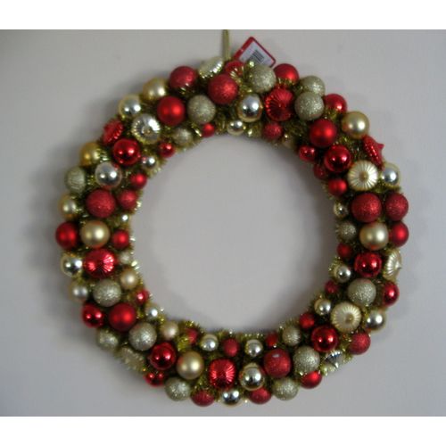 20" Wreath of Red & Gold Bulbs & Fringed Gold Garland