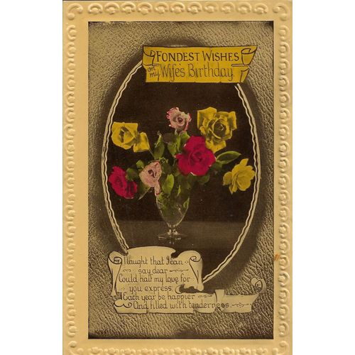 Vintage Romantic Birthday Postcard For Wife - World War 2, 1940s, Embossed