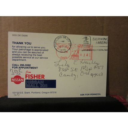 JIM FISHER, NISSAN MALL 205, PORTLAND, OREGON, USA used postcard cars 1988 pm