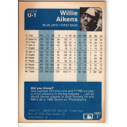 1984 Fleer Update baseball card U-1 Willie Aikens