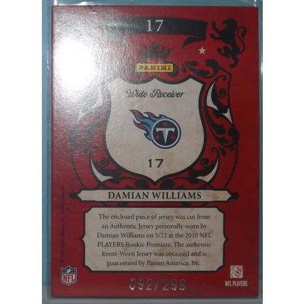 2010 Panini Crown DAMIAN WILLIAMS (Titans) Royalty Materials RC #17 92/299