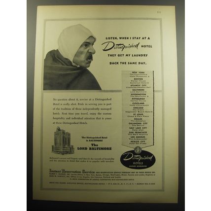 1957 Distinguished Hotels Advertisement - The Lord Baltimore, Baltimore