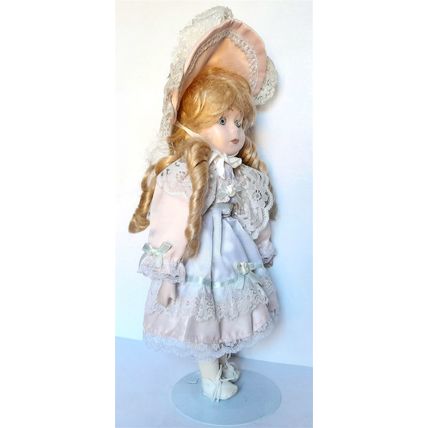 A PORCELAIN DOLL - RACHEL - PINK DRESS + LACE + BOW - 32 cm tall VERY GOOD