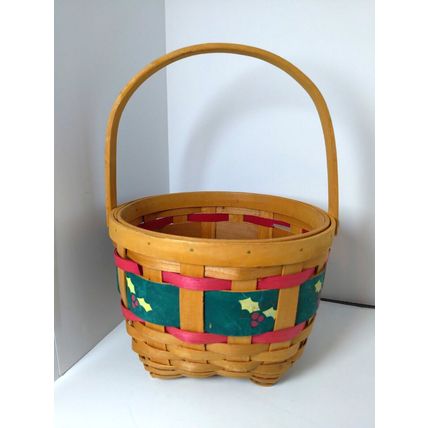 Round Christmas "Holly" Ribbon Basket - Lattice Type- Adorable! Farmhouse Decor