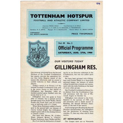 Tottenham Hotspur Reserves v Gillingham Reserves - Saturday 27 August 1966