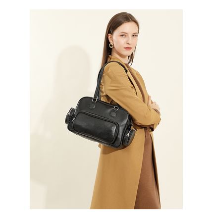 Genuine Leather Women Tote Bag Top-handle Shoulder Bag Black