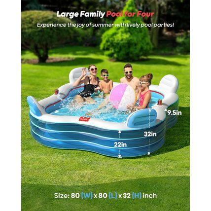 QPAU Inflatable Swimming Pool, Full-Sized Blow up Pools with Seats and Backrests